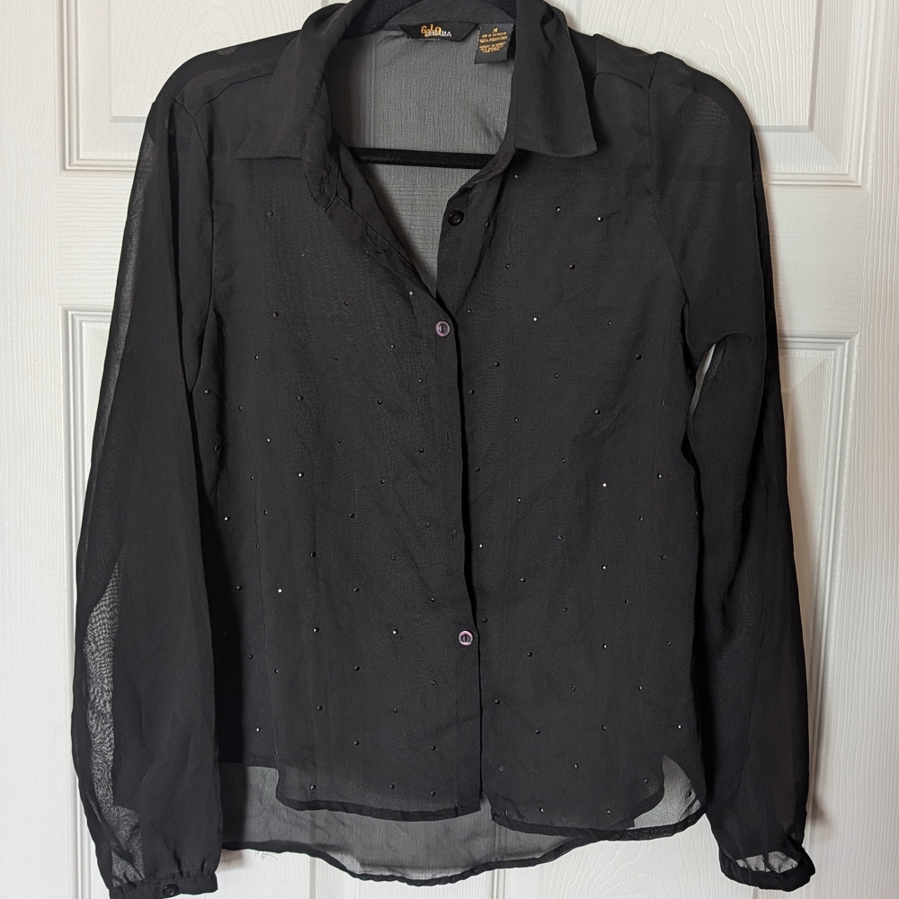 Sheer Black Button-Down Shirt with Subtle Rhinestone Detail
